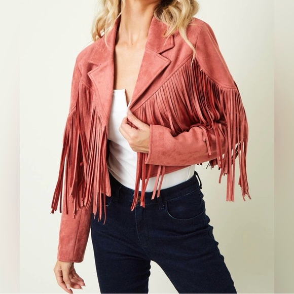 Saints and Hearts Faux Suede Pink Fringe Crop Moto Jacket Size S - Picture 13 of 13